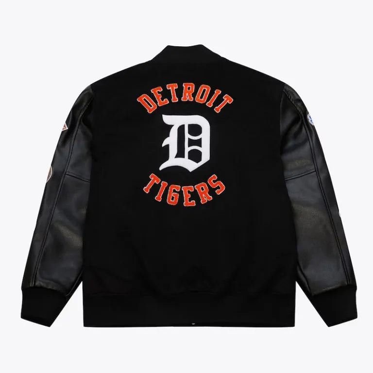 Detroit Tigers Black Out Vintage Logo Wool & Leather Full-Snap Varsity Men's Jacket