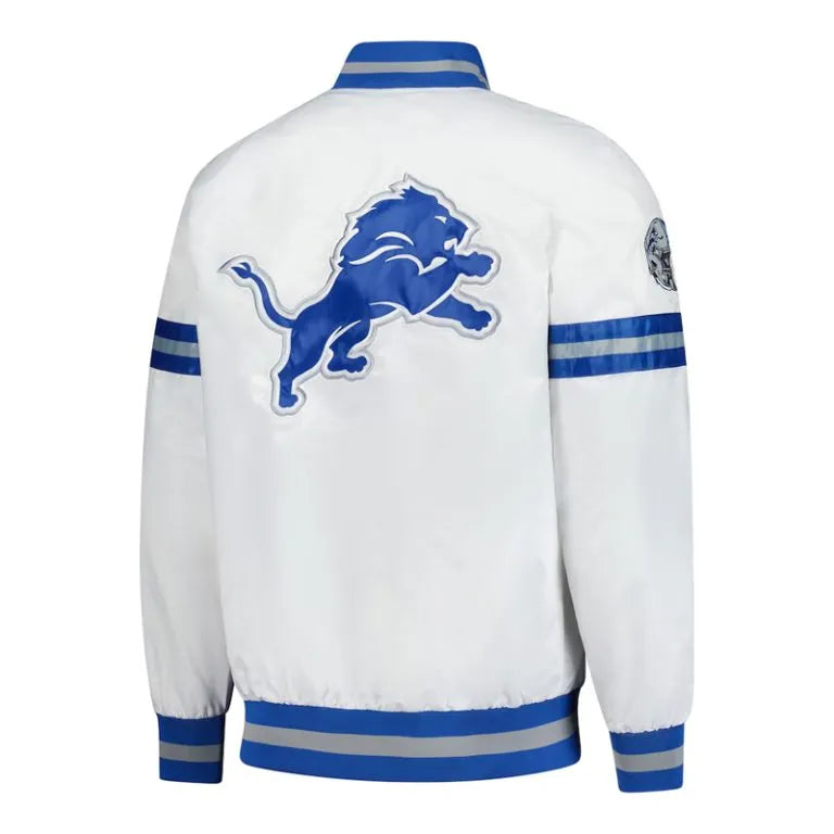 Detroit Lions Scout Full-Snap Varsity White Satin Men's Bomber Jacket