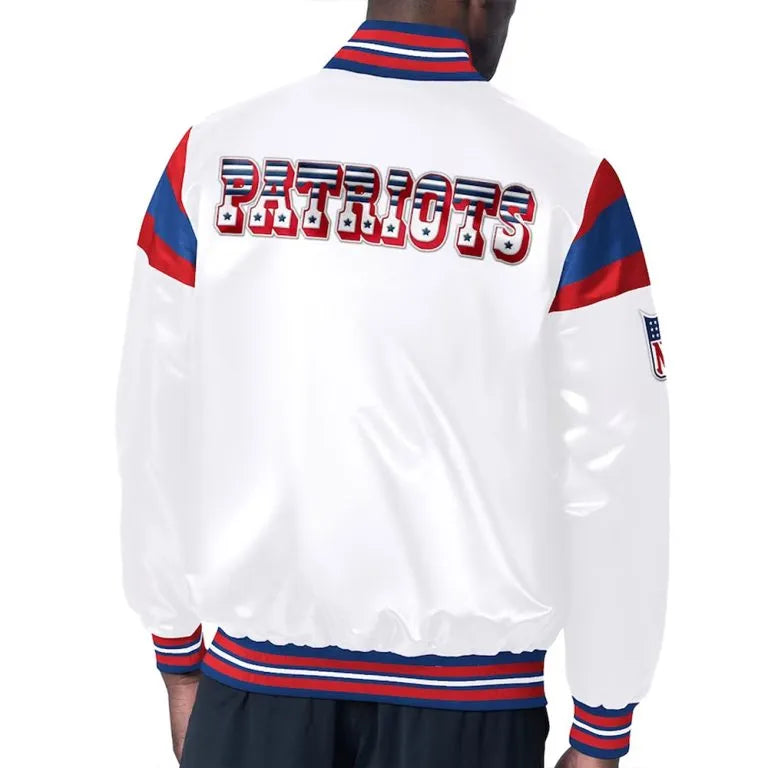 New England Patriots Full-Snap Varsity Red and Navy Blue Satin Men's Bomber Jacket