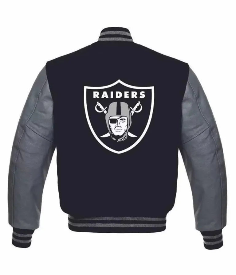 Los Vegas Raiders Black Wool and Grey Genuine Leather Sleeves Men's Varsity Letterman Jacket