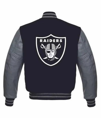 Los Vegas Raiders Black Wool and Grey Genuine Leather Sleeves Men's Varsity Letterman Jacket