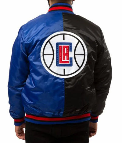 Los Angeles Clippers Full-Snap Varsity Black and Blue Satin Men's Bomber Jacket