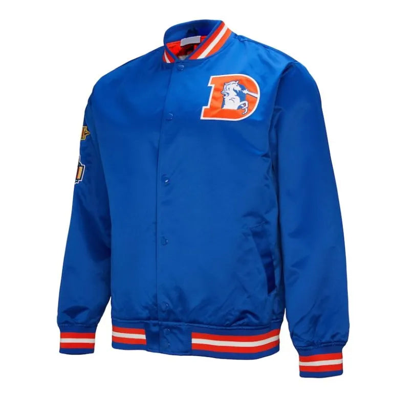 Denver Broncos Double Down Full-Snap Varsity Royal Blue Satin Men's Bomber Jacket