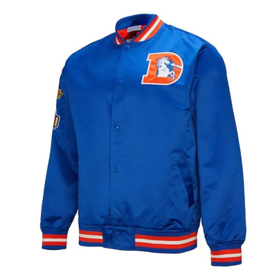 Denver Broncos Double Down Full-Snap Varsity Royal Blue Satin Men's Bomber Jacket