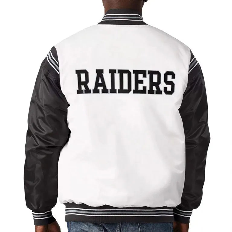 Los Angeles Raiders Historic Renegade Full-Snap Varsity Black & White Satin Men's Bomber Jacket