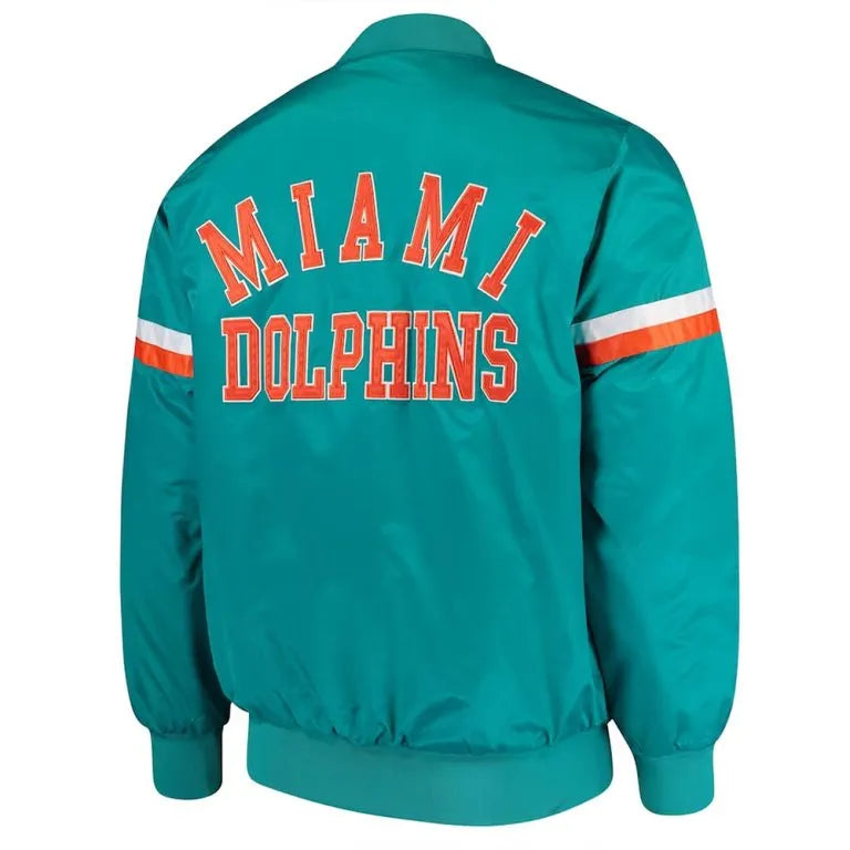 Miami Dolphins Champ Full-Snap Varsity Aqua Satin Men's Bomber Jacket