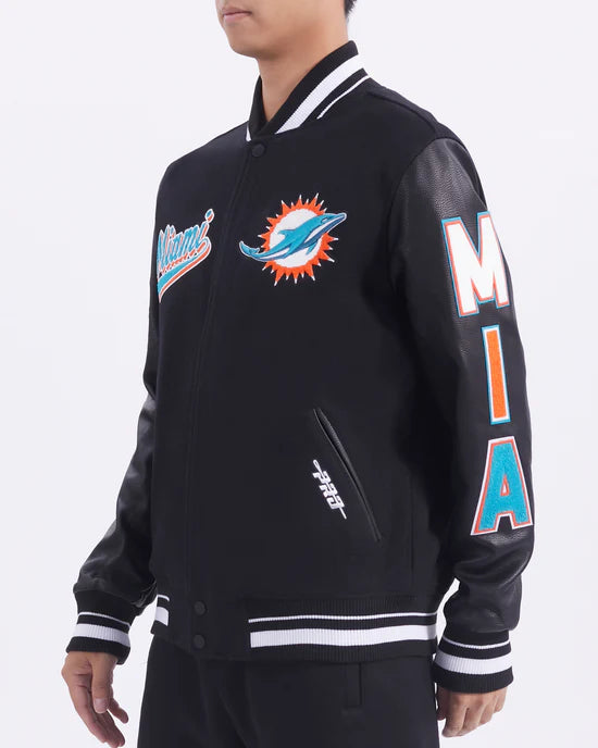 Miami Dolphins Script Tail Black Wool and Genuine Leather Sleeves Men's Varsity Letterman Jacket