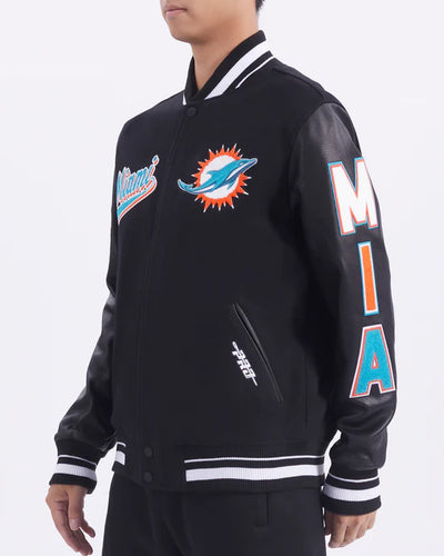 Miami Dolphins Script Tail Black Wool and Genuine Leather Sleeves Men's Varsity Letterman Jacket