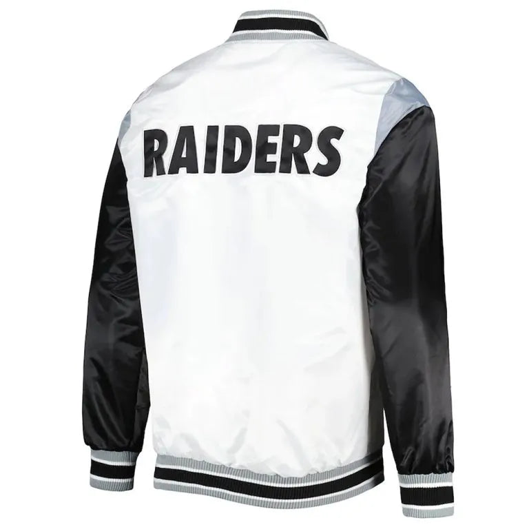 Los Angeles Raiders Throwback Warm Up Pitch Full-Snap Varsity Black & White Satin Men's Bomber Jacket