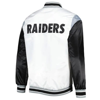 Los Angeles Raiders Throwback Warm Up Pitch Full-Snap Varsity Black & White Satin Men's Bomber Jacket