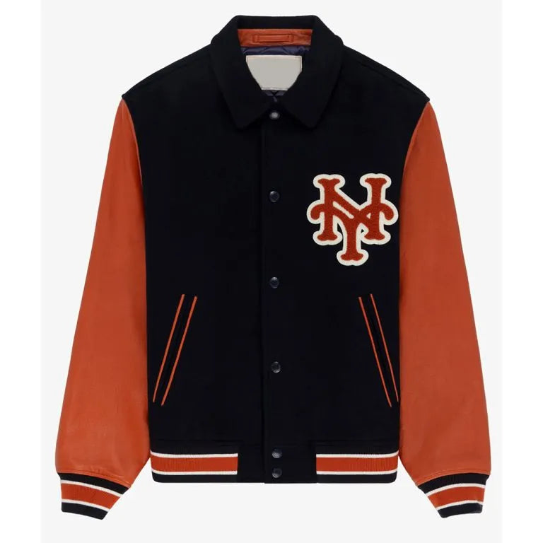 Aime Leon Dore Mets Blue Wool & Orange Leather Sleeves Varsity Men's Jacket