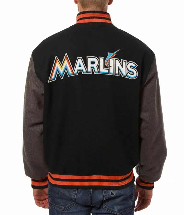 Miami Marlins Two Tone Black and Grey Wool Varsity Men's Jacket