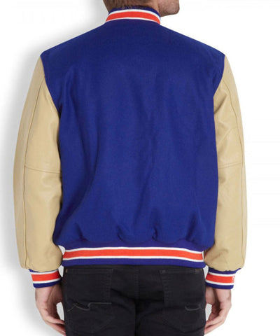 New York Knicks Varsity Blue Wool & Beige Genuine Leather Sleeves Men's Letterman Jacket