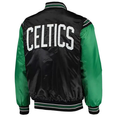 Boston Celtics The Enforcer Full-Snap Varsity Black/Kelly Green Satin Men's Bomber Jacket