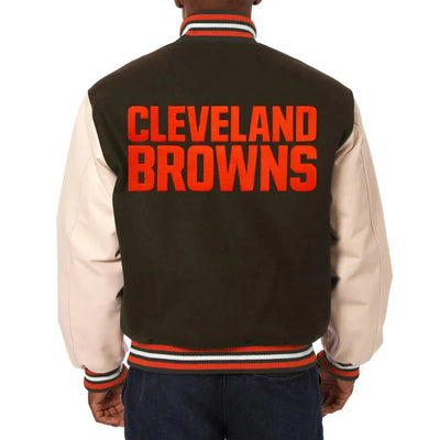 Cleveland Browns Domestic Brown Wool & Cream Genuine Leather Sleeves Men's Varsity Jacket