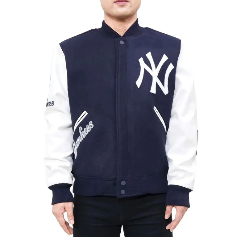 New York Yankees Logo Blended Varsity Navy Blue Wool & White Leather Men's Jacket