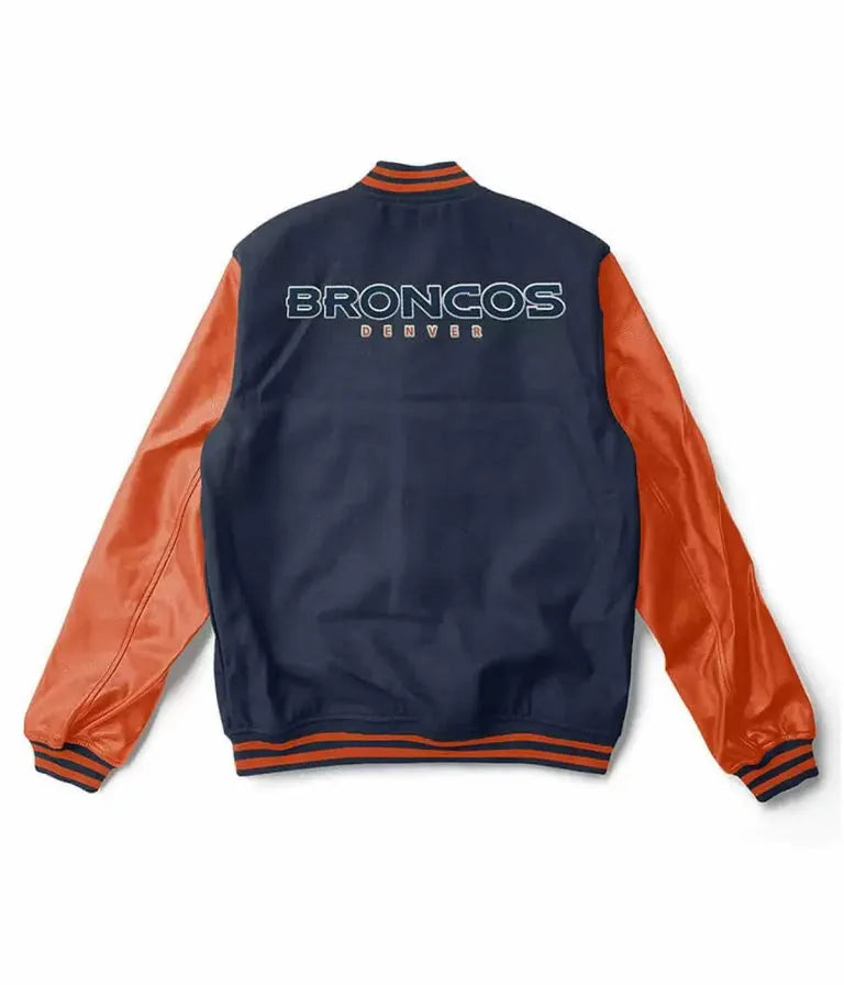 Denver Broncos Navy Blue Wool & Orange Genuine Leather Sleeves Men's Varsity Jacket
