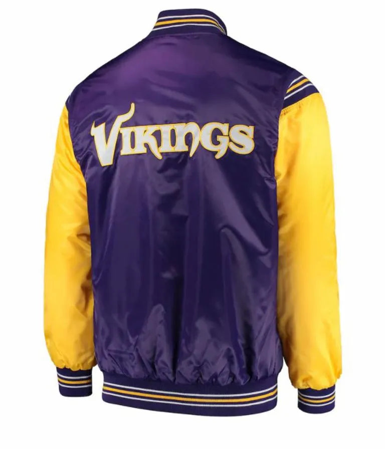 Minnesota Vikings Full-Snap Varsity Purple and Yellow Satin Men's Bomber Jacket