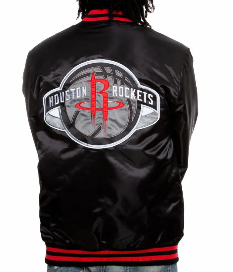 Houston Rockets Full-Snap Varsity Black Satin Men's Bomber Jacket