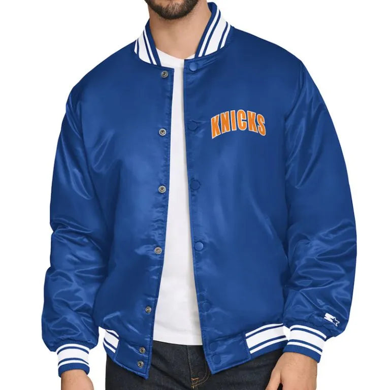 New York Knicks Logo Full-Snap Varsity Blue Satin Men's Bomber Jacket