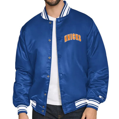 New York Knicks Logo Full-Snap Varsity Blue Satin Men's Bomber Jacket