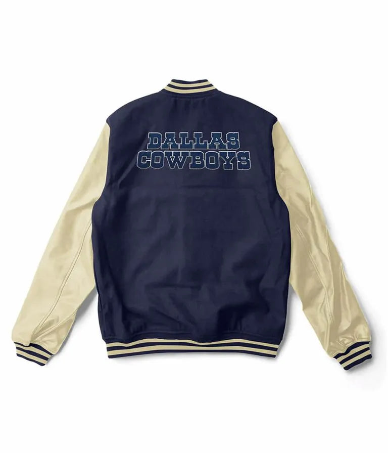 Dallas Cowboys Navy Blue Wool & Cream Genuine Leather Sleeves Men's Varsity Jacket