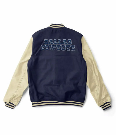 Dallas Cowboys Navy Blue Wool & Cream Genuine Leather Sleeves Men's Varsity Jacket