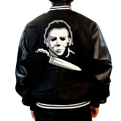 Michael Myers Halloween Black Wool & Genuine Leather Sleeves Men's Letterman Varsity Jacket