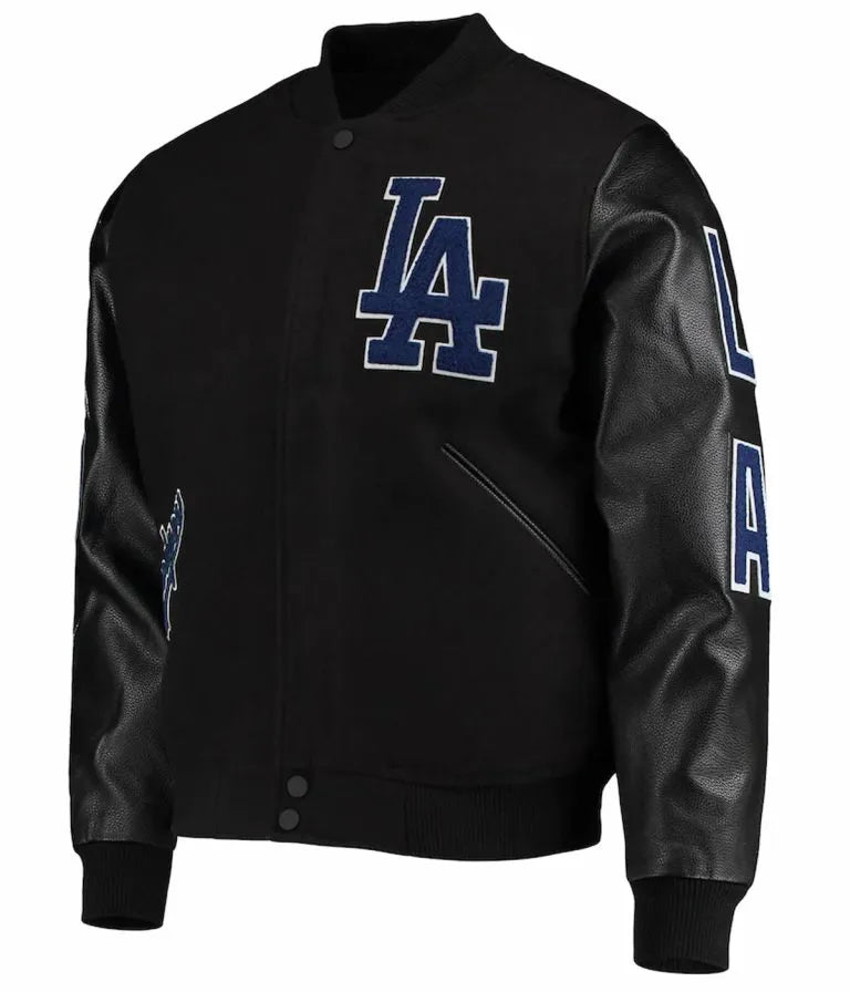 LA Dodgers Varsity Full-Zip Black Wool Leather Men's Jacket