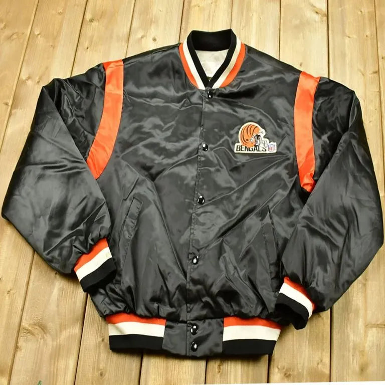 1980s Cincinnati Bengals Full-Snap Varsity Black Satin Men's Bomber Jacket