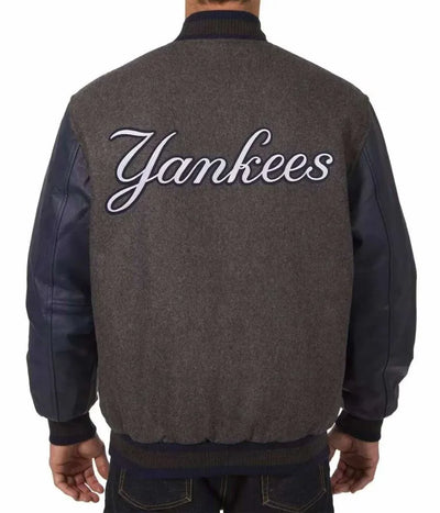New York Yankees Charcoal Wool & Navy Blue Leather Sleeves Varsity Men's Jacket