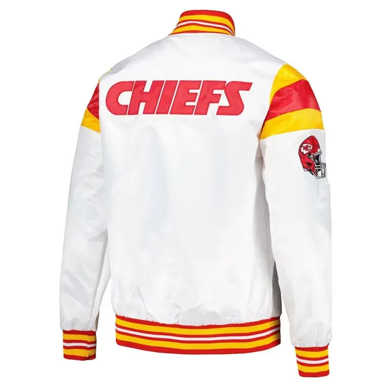 Kansas City Chiefs Teddy Full-Snap Varsity White Satin Men's Bomber Jacket