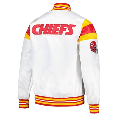 Kansas City Chiefs Teddy Full-Snap Varsity White Satin Men's Bomber Jacket