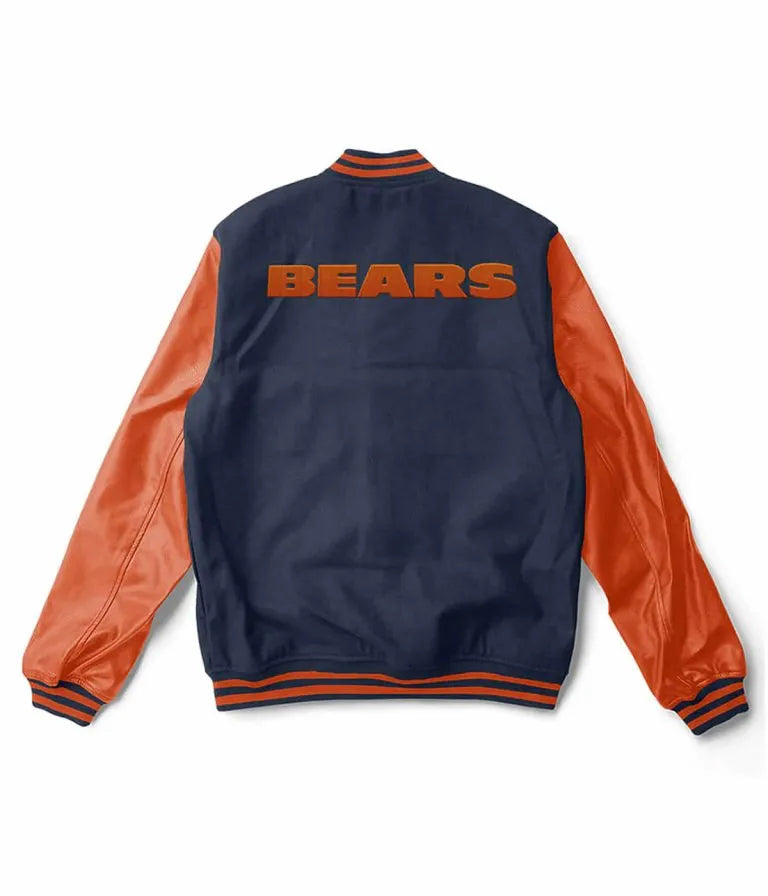 Chicago Bears Blue Wool & Orange Genuine Leather Sleeves Full-Snap Men's Varsity Jacket