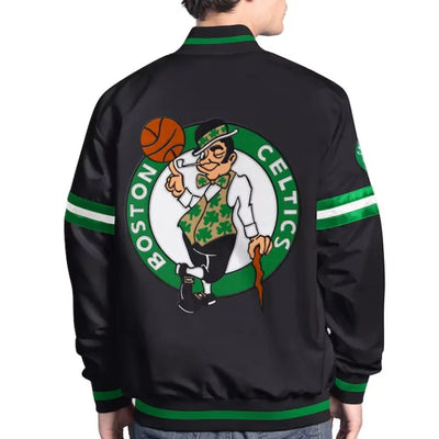 Boston Celtics Scout Full-Snap Varsity Black Satin Men's Bomber Jacket