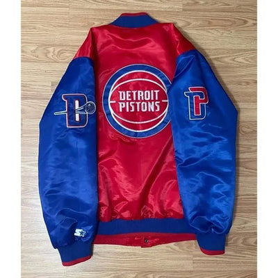 Detroit Pistons Ty Mopkins Full-Snap Varsity Red and Blue Satin Men's Bomber Jacket