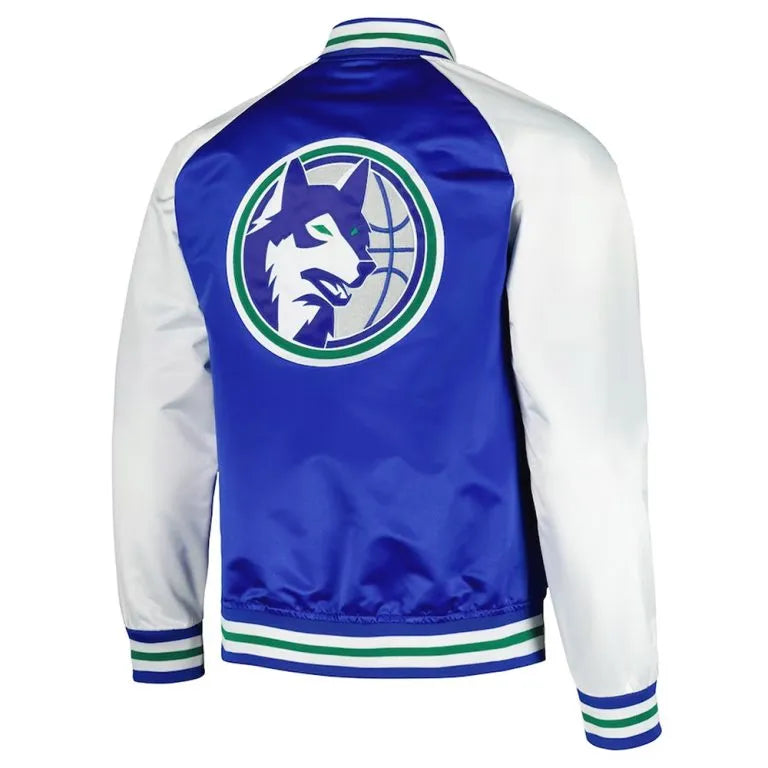 Minnesota Timberwolves Double Clutch Full-Snap Varsity Blue & White Satin Men's Bomber Jacket