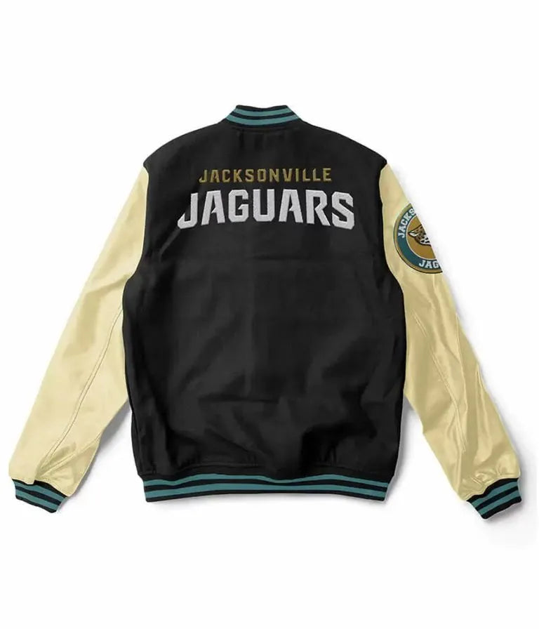 Jacksonville Jaguars Black Wool and Off-White Genuine Leather Sleeves Men's Varsity Letterman Jacket