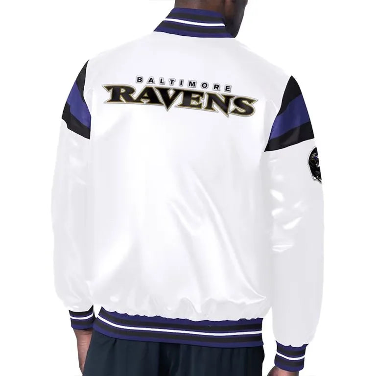 Baltimore Ravens Midweight Full-Snap Varsity White Satin Men's Bomber Jacket