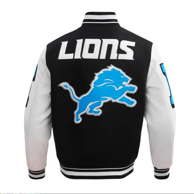 Detroit Lions Mashup Rib Black Wool & White Genuine Leather Sleeves Men's Varsity Jacket