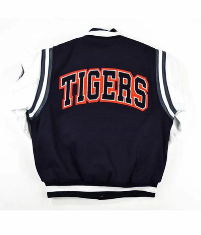 Jackson State University Motto Tigers Blue Wool & White Genuine Leather Sleeves Men's Letterman Varsity Jacket