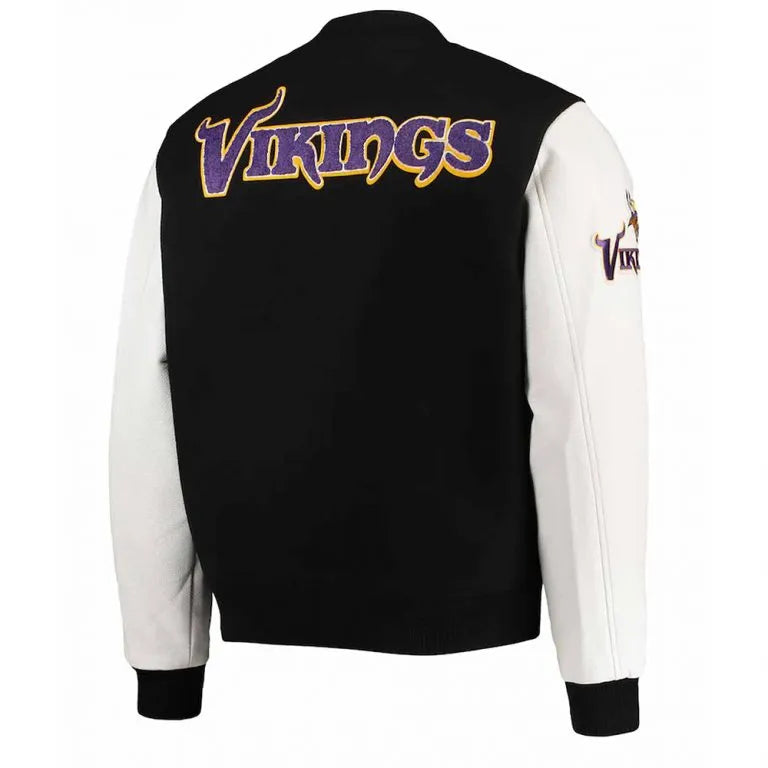 Minnesota Vikings Black Wool and White Genuine Leather Sleeves Men's Varsity Letterman Jacket