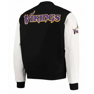 Minnesota Vikings Black Wool and White Genuine Leather Sleeves Men's Varsity Letterman Jacket