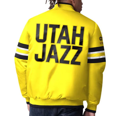 Utah Jazz Scout I Full-Snap Varsity Gold Satin Men's Bomber Jacket