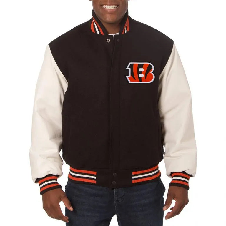 Cincinnati Bengals Two-Tone Black Wool & White Genuine Leather Sleeves Men's Varsity Jacket