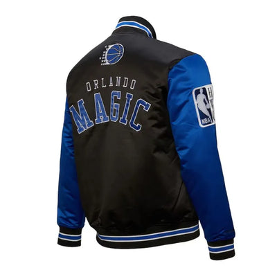 Orlando Magic Primetime Full-Snap Varsity Black and Blue Satin Men's Bomber Jacket