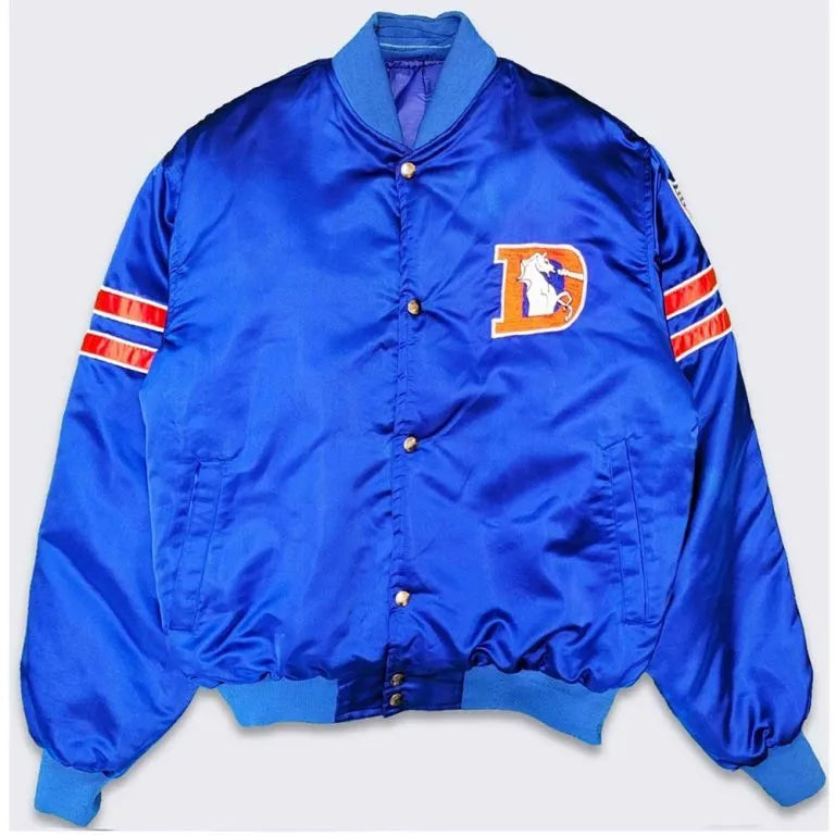 80’s Denver Broncos Full-Snap Varsity Royal Blue Satin Men's Bomber Jacket
