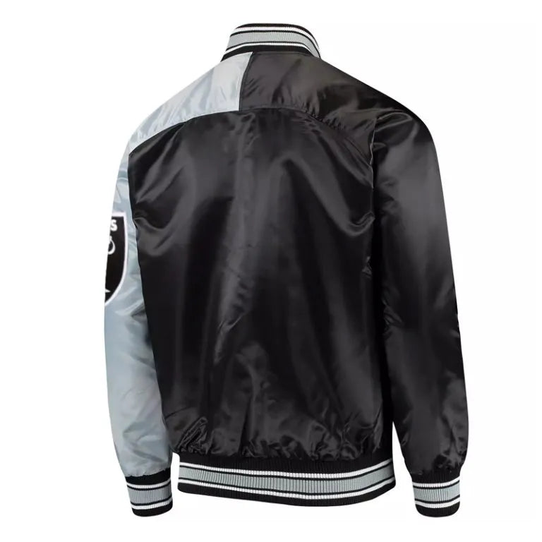 Los Angeles Raiders Endzone Full-Snap Varsity Black and Gray Satin Men's Bomber Jacket