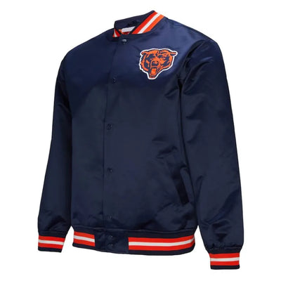 Chicago Bears Double Down Full-Snap Varsity Navy Blue Satin Men's Bomber Jacket