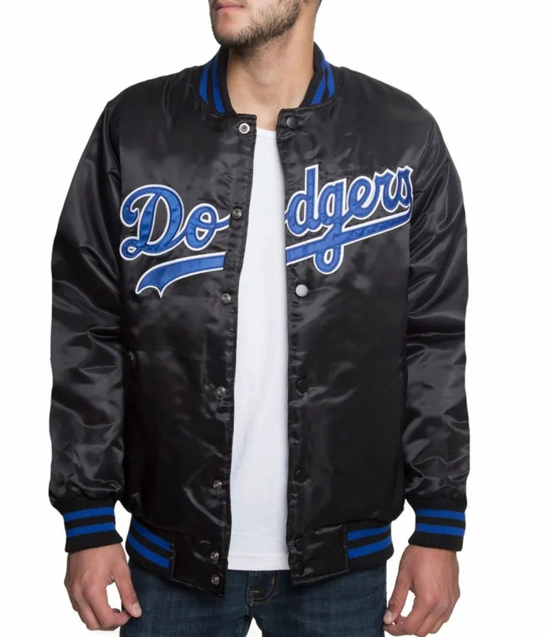 LA Dodgers Bomber Blue Patches Black Satin Men's Jacket